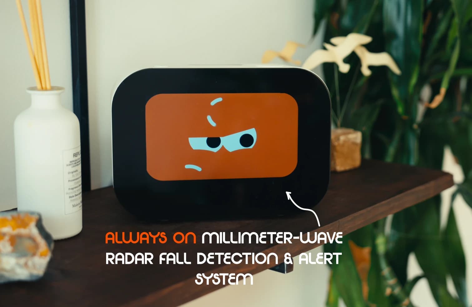Rhem always-on millimeter-wave radar fall detection and alert system on a home shelf.