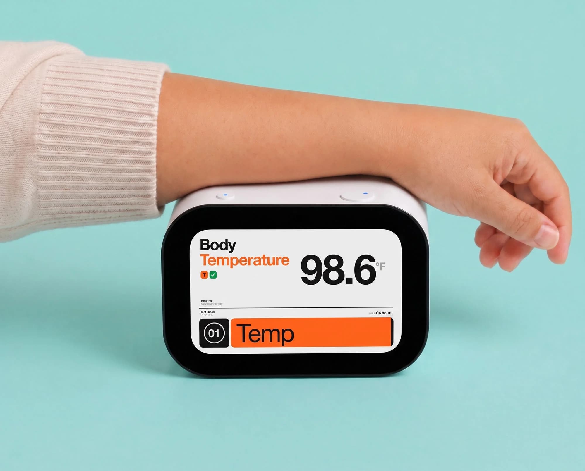An arm resting on Rhem while its screen shows a body temperature reading of 98.6°F