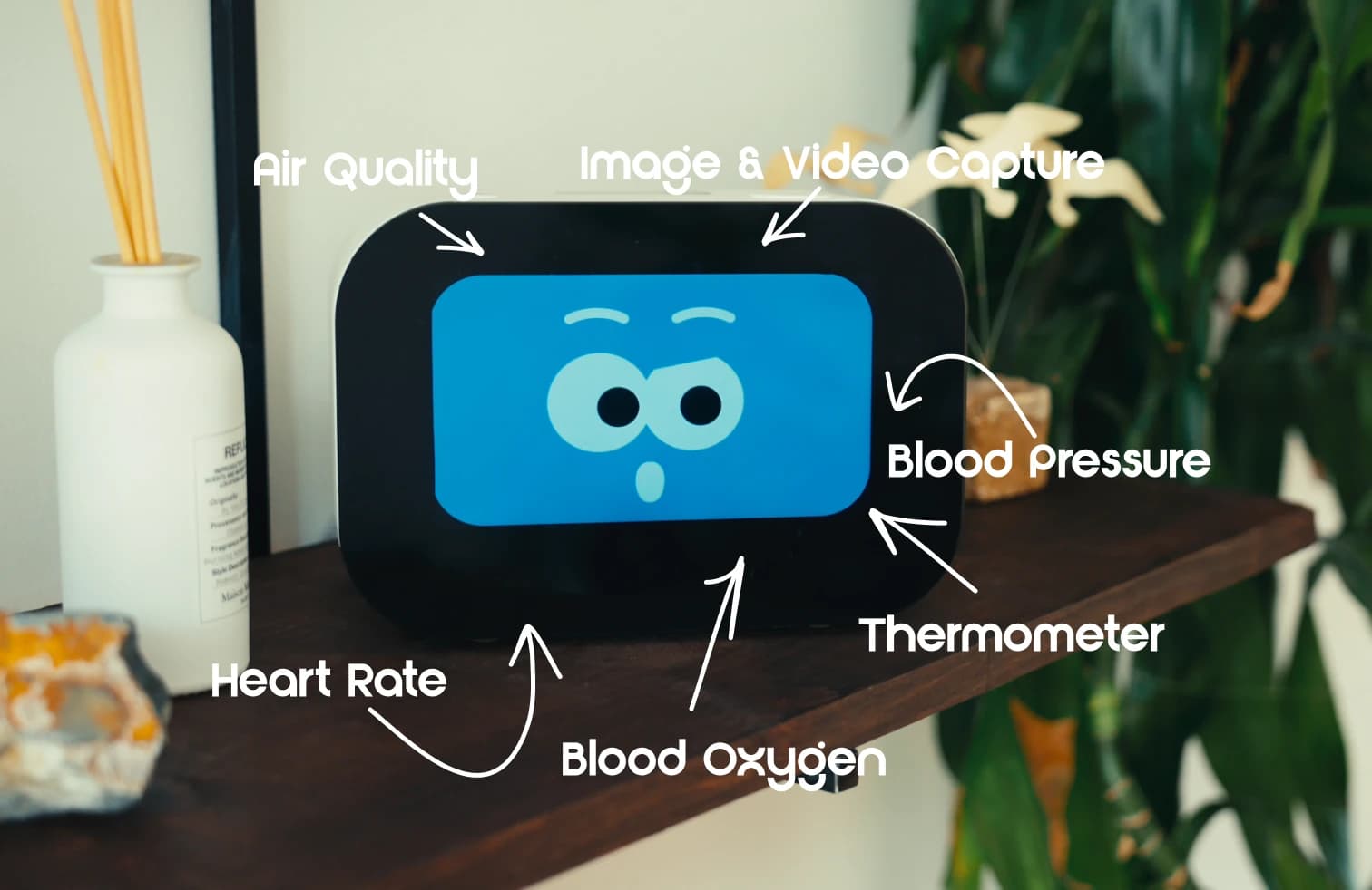 Rhem robot with health sensors for blood pressure, heart rate, blood oxygen, body temperature, air quality, and image capture.